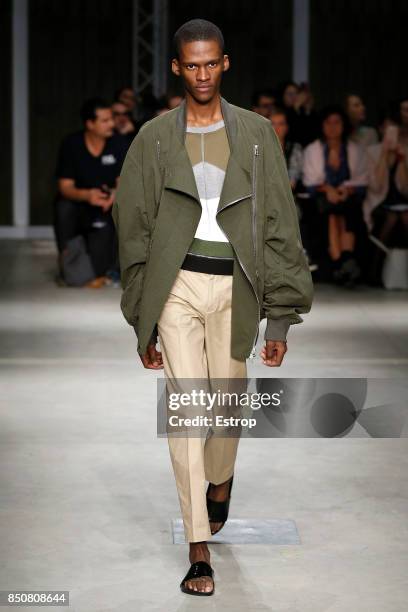 Model walks the runway at the Atsushi Nakashima show during Milan Fashion Week Spring/Summer 2018 on September 20, 2017 in Milan, Italy.