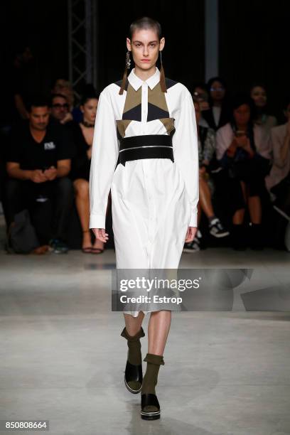 Model walks the runway at the Atsushi Nakashima show during Milan Fashion Week Spring/Summer 2018 on September 20, 2017 in Milan, Italy.