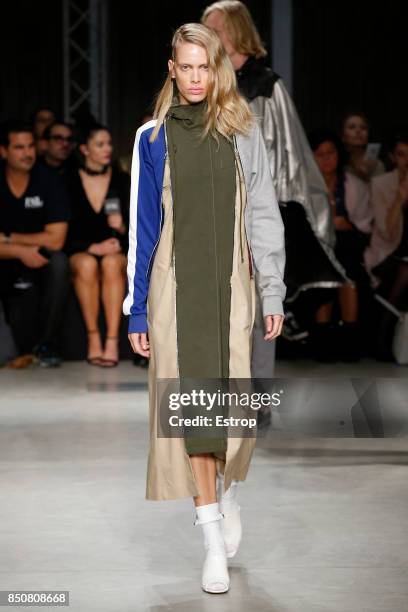 Model walks the runway at the Atsushi Nakashima show during Milan Fashion Week Spring/Summer 2018 on September 20, 2017 in Milan, Italy.