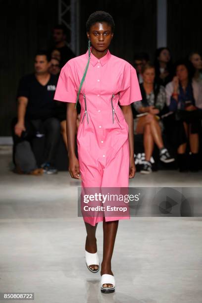 Model walks the runway at the Atsushi Nakashima show during Milan Fashion Week Spring/Summer 2018 on September 20, 2017 in Milan, Italy.