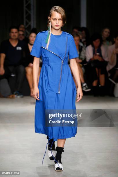 Model walks the runway at the Atsushi Nakashima show during Milan Fashion Week Spring/Summer 2018 on September 20, 2017 in Milan, Italy.