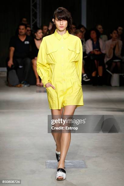 Model walks the runway at the Atsushi Nakashima show during Milan Fashion Week Spring/Summer 2018 on September 20, 2017 in Milan, Italy.