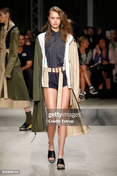 Model walks the runway at the Atsushi Nakashima show during Milan Fashion Week Spring/Summer 2018 on September 20, 2017 in Milan, Italy.