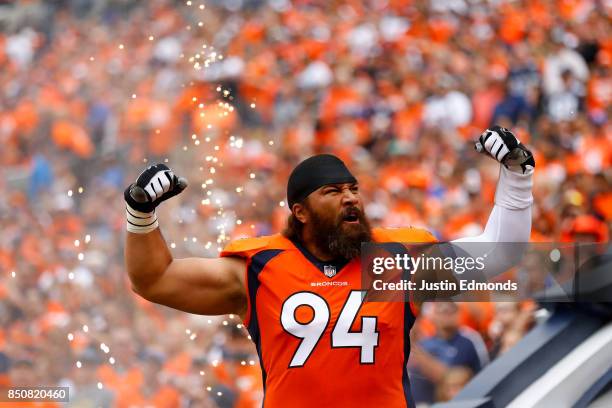 Nose tackle Domata Peko of the Denver Broncos is introduced before a game against the Dallas Cowboys at Sports Authority Field at Mile High on...