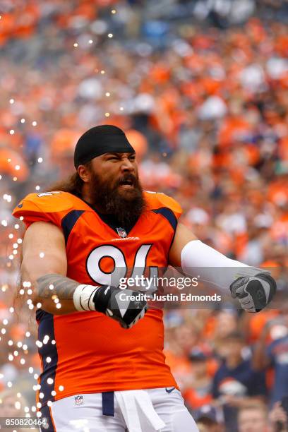 Nose tackle Domata Peko of the Denver Broncos is introduced before a game against the Dallas Cowboys at Sports Authority Field at Mile High on...