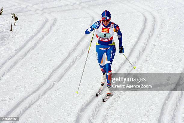 Finland team member Virpi Kuitunen on her way to taking 1st place in the FIS Nordic World Ski Championships Cross Country Ladies Free Team Sprint...