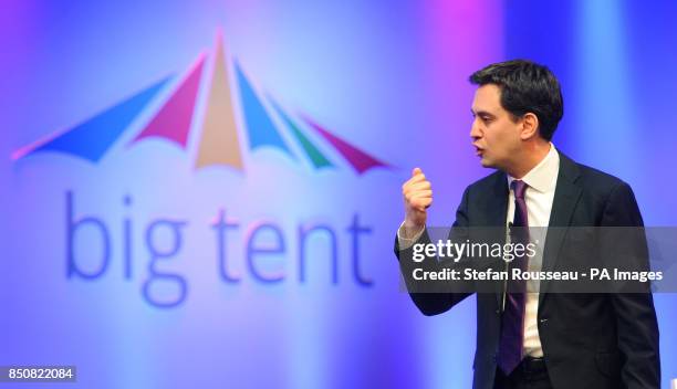 Labour leader Ed Miliband speaks to an audience of internet experts at Google's 'Big Tent' event in Hertfordshire where he talked about Google's tax...