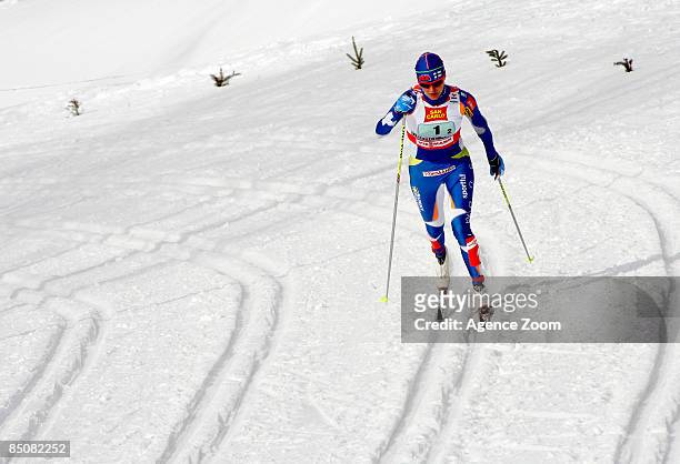 Finland team member Virpi Kuitunen on her way to taking 1st place in the FIS Nordic World Ski Championships Cross Country Ladies Free Team Sprint...