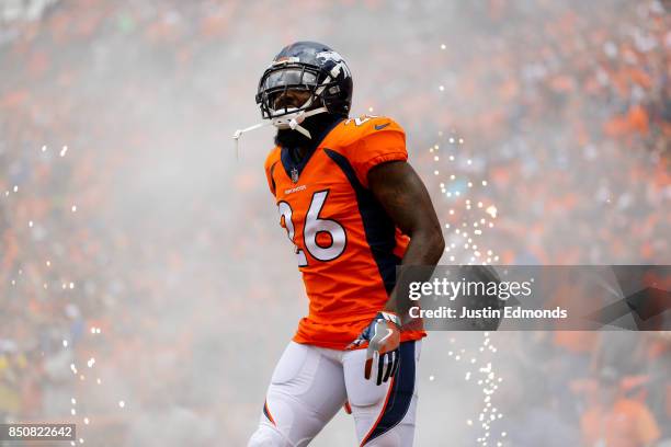 Free safety Darian Stewart of the Denver Broncos is introduced before a game against the Dallas Cowboys at Sports Authority Field at Mile High on...