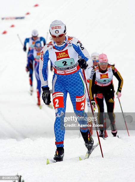 Italy team member Arianna Follis on her way to taking 3rd place in the FIS Nordic World Ski Championships Cross Country Ladies Free Team Sprint event...