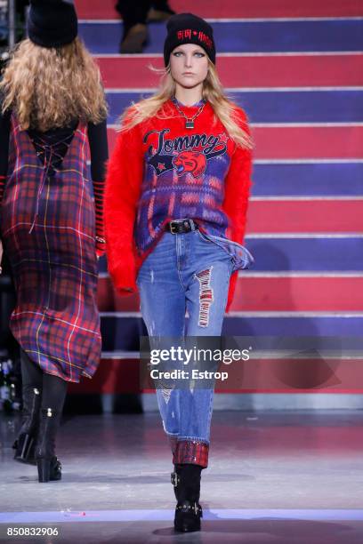 Model walks the runway at the Tommy Hilfiger show during London Fashion Week September 2017 on September 19, 2017 in London, England.