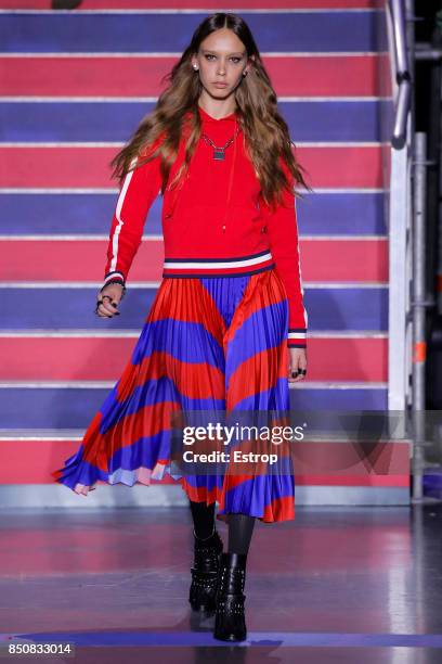 Model walks the runway at the Tommy Hilfiger show during London Fashion Week September 2017 on September 19, 2017 in London, England.