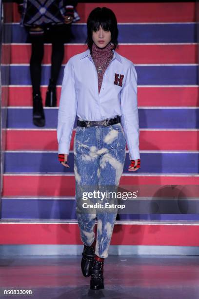 Model walks the runway at the Tommy Hilfiger show during London Fashion Week September 2017 on September 19, 2017 in London, England.