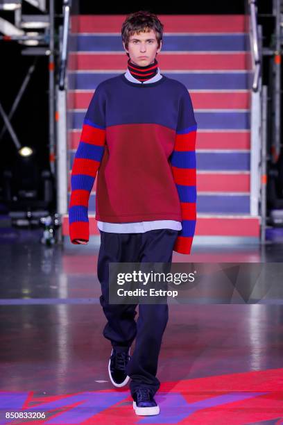 Model walks the runway at the Tommy Hilfiger show during London Fashion Week September 2017 on September 19, 2017 in London, England.