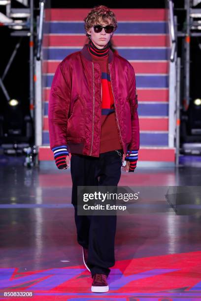 Model walks the runway at the Tommy Hilfiger show during London Fashion Week September 2017 on September 19, 2017 in London, England.