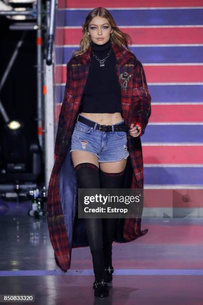 Model walks the runway at the Tommy Hilfiger show during London Fashion Week September 2017 on September 19, 2017 in London, England.