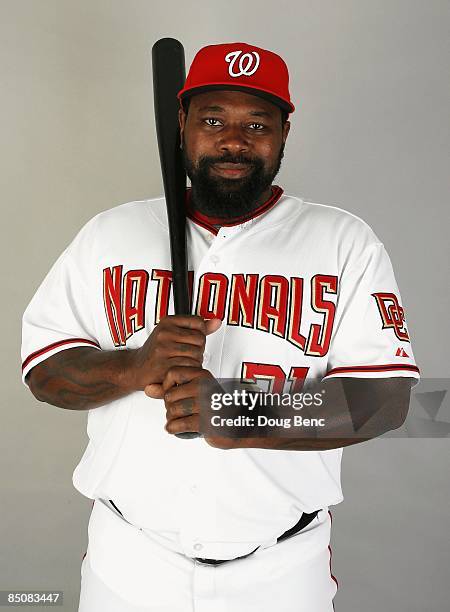Dmitri Young of the Washington Nationals poses during photo day at Roger Dean Stadium on February 21, 2009 in Viera, Florida.