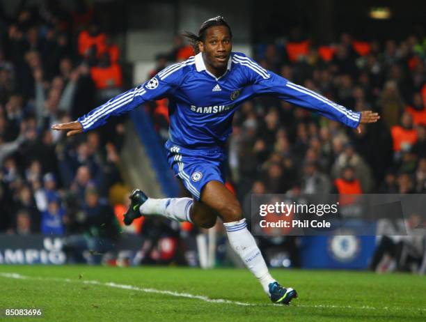 Didier Drogba of Chelsea celebrates his opening goal during the UEFA Champions League, Round of Last 16, First Leg match between Chelsea and Juventus...