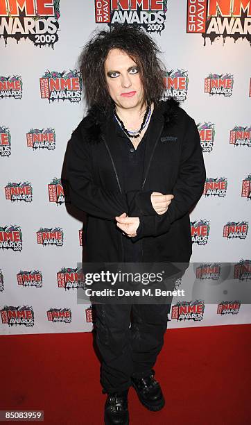 Robert Smith of The Cure arrives at the Shockwaves NME Awards 2009, at the O2 Brixton Academy on February 25, 2009 in London, England.