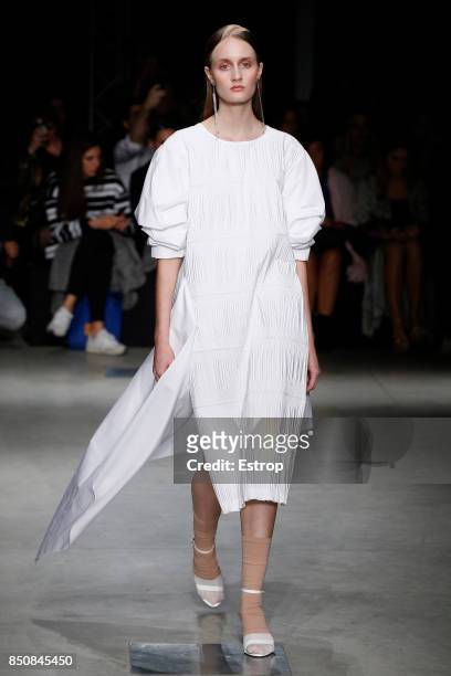 Model walks the runway at the Alberto Zambelli show during Milan Fashion Week Spring/Summer 2018 on September 20, 2017 in Milan, Italy.