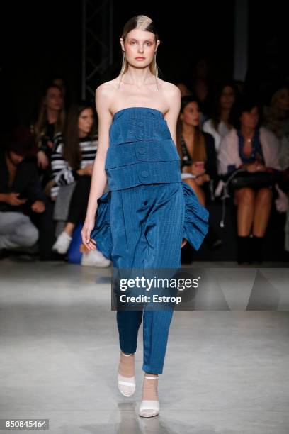 Model walks the runway at the Alberto Zambelli show during Milan Fashion Week Spring/Summer 2018 on September 20, 2017 in Milan, Italy.