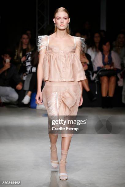 Model walks the runway at the Alberto Zambelli show during Milan Fashion Week Spring/Summer 2018 on September 20, 2017 in Milan, Italy.