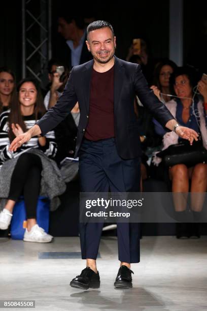 Model walks the runway at the Alberto Zambelli show during Milan Fashion Week Spring/Summer 2018 on September 20, 2017 in Milan, Italy.