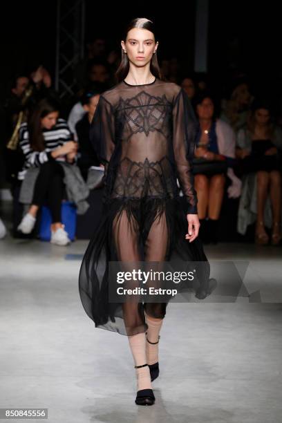 Model walks the runway at the Alberto Zambelli show during Milan Fashion Week Spring/Summer 2018 on September 20, 2017 in Milan, Italy.