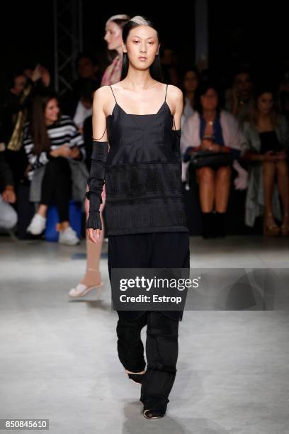 Model walks the runway at the Alberto Zambelli show during Milan Fashion Week Spring/Summer 2018 on September 20, 2017 in Milan, Italy.