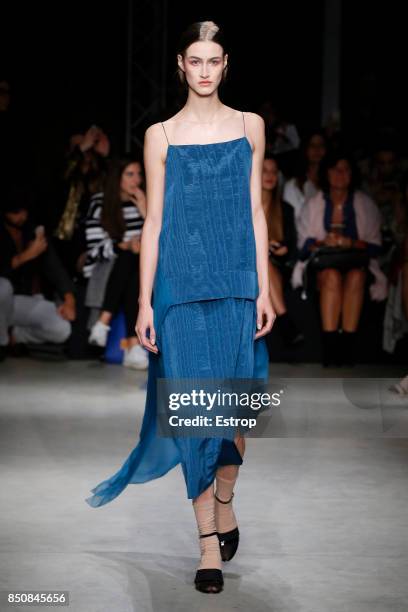 Model walks the runway at the Alberto Zambelli show during Milan Fashion Week Spring/Summer 2018 on September 20, 2017 in Milan, Italy.