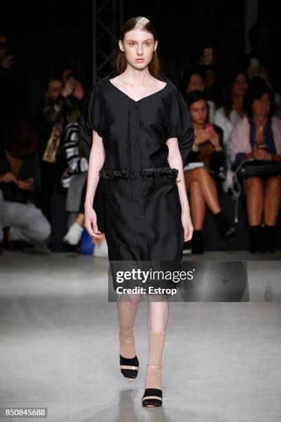 Model walks the runway at the Alberto Zambelli show during Milan Fashion Week Spring/Summer 2018 on September 20, 2017 in Milan, Italy.