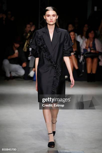 Model walks the runway at the Alberto Zambelli show during Milan Fashion Week Spring/Summer 2018 on September 20, 2017 in Milan, Italy.