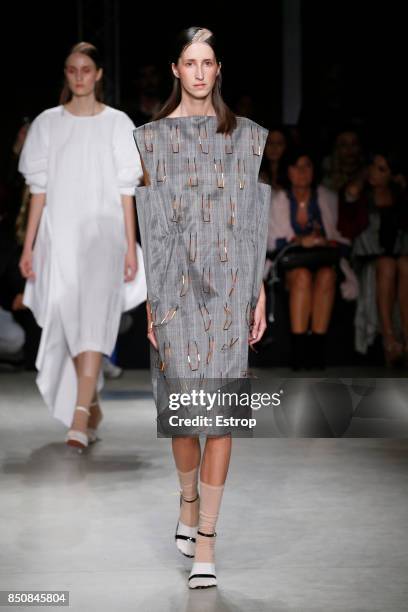 Model walks the runway at the Alberto Zambelli show during Milan Fashion Week Spring/Summer 2018 on September 20, 2017 in Milan, Italy.