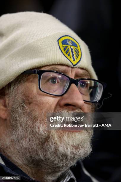 An elderly fan of Leeds United during the Carabao Cup Third Round match between Burnley and Leeds United at Turf Moor on September 19, 2017 in...