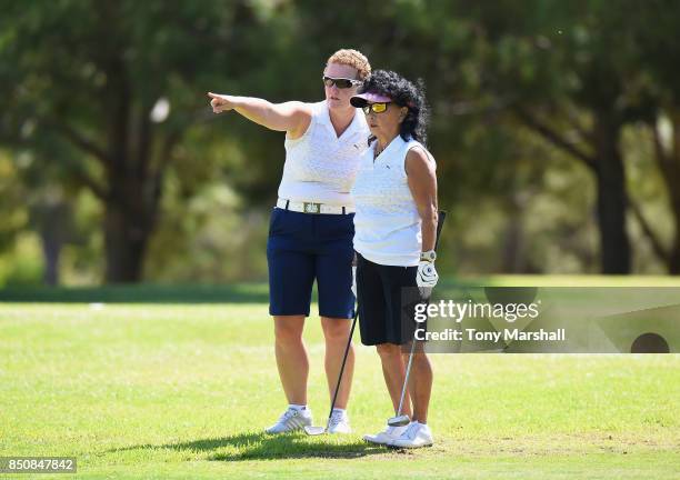 Alison Gray of Ormskirk Golf Club and Doreen Hesketh of Ormskirk Golf Club line up a putt on the 9th green during The Lombard Trophy Final - Day One...