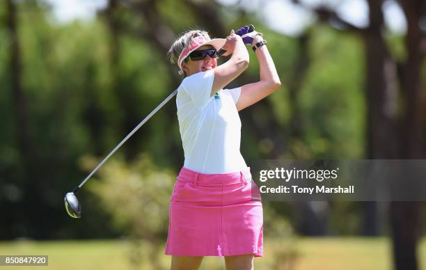 Anne Curwen of Nene Park Golf Club plays his first shot on the 10th tee during The WPGA Lombard Trophy Final - Day One on September 21, 2017 in...