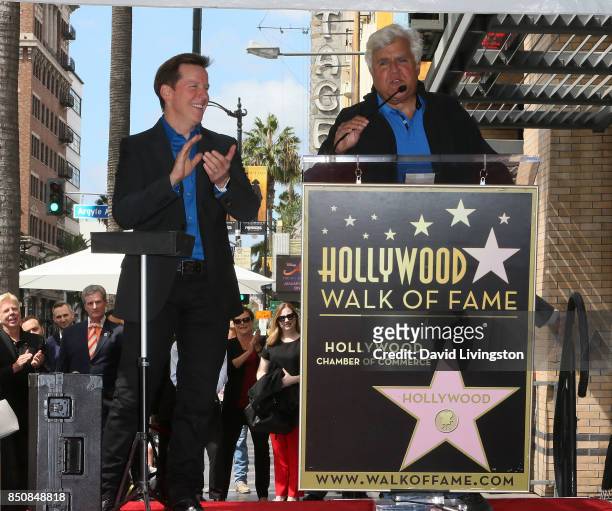 Ventriloquist Jeff Dunham and TV host Jay Leno attend Jeff Dunham being honored with a Star on the Hollywood Walk of Fame on September 21, 2017 in...