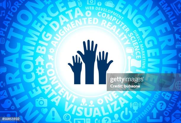 raised hands icon on internet modern technology words background - poll question stock illustrations