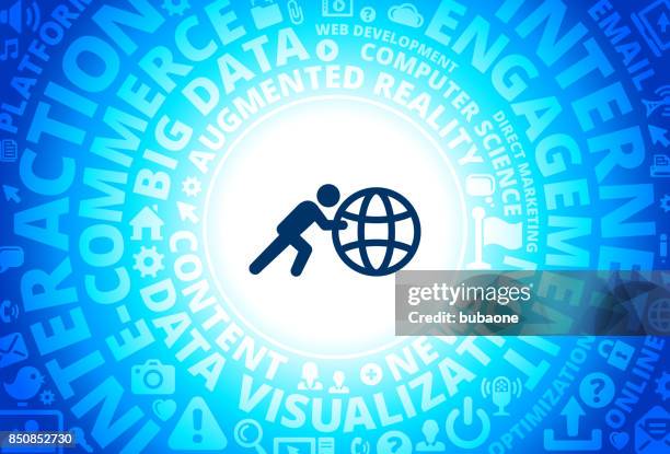 stick figure pushing globe icon on internet modern technology words background - pushing the envelope stock illustrations