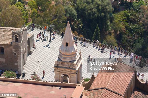 Piazza IX Aprile, Sant Agostino Church, and San Giuseppe Church bell tower, Taormina, Sicily, Italy.