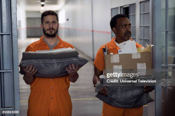 The Big House Pt. 1" Episode 501 -- Pictured: Andy Samberg as Jake Peralta, Tim Meadows as Caleb --