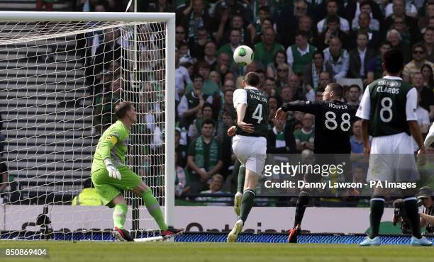 Celtic's Gary Hooper scores his first goal during the William Hill Scottish Cup Final at Hampden Park, Glasgow.