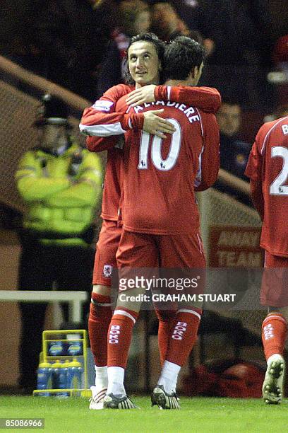 Tuncay Sanil of Middlesbrough celebrates scoring their 2nd goal with Jeremie Aliadiere during an English FA Cup, fifth round replay, football match...