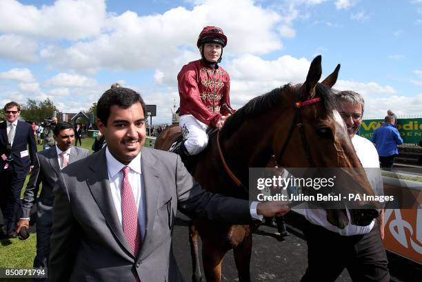 Just The Judge with jockey Jamie Spencer and owner Sheikh Fahad after winning the Eithad Airways Irish 1000 Guineas during Etihad Airways Irish 1000...