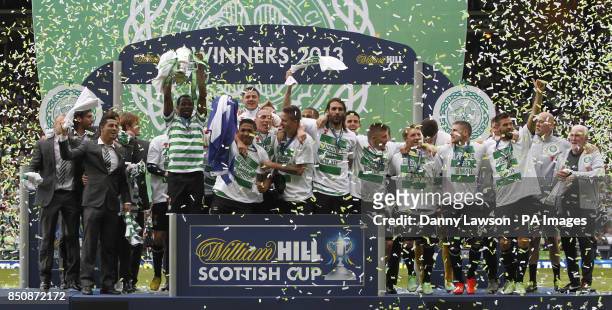 Celtic players lift the cup after winning the William Hill Scottish Cup Final at Hampden Park, Glasgow.