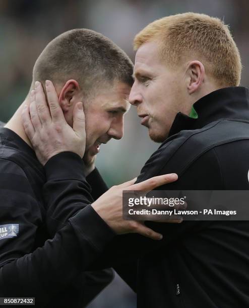 Celtic Manager Neil Lennon congratulates Gary Hooper at full time after winning the William Hill Scottish Cup Final at Hampden Park, Glasgow.