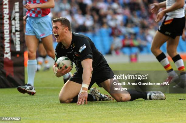 Huddersfield Giants' Larne Patrick celebrates after scoring a try during the Super League Magic Weekend at the Etihad Stadium, Manchester.