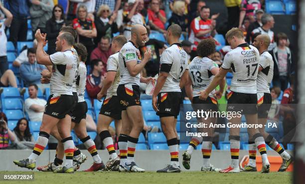 Bradford Bulls' stand dejected at the end of the match during the Super League Magic Weekend at the Etihad Stadium, Manchester.