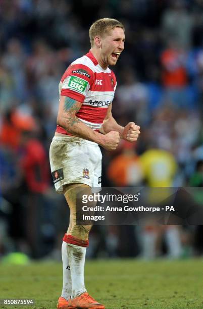 Wigan Warriors' Sam Tomkins celebrates after his team's victory during the Super League Magic Weekend at the Etihad Stadium, Manchester.