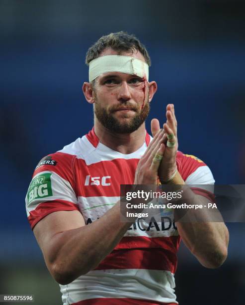 Wigan Warriors' Pat Richards applauds the fans after his team's victory during the Super League Magic Weekend at the Etihad Stadium, Manchester.